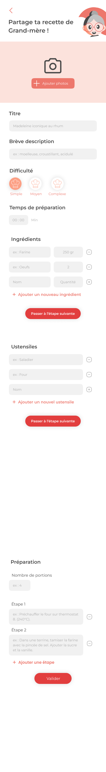 Page d'ajout de recette sur l'application
