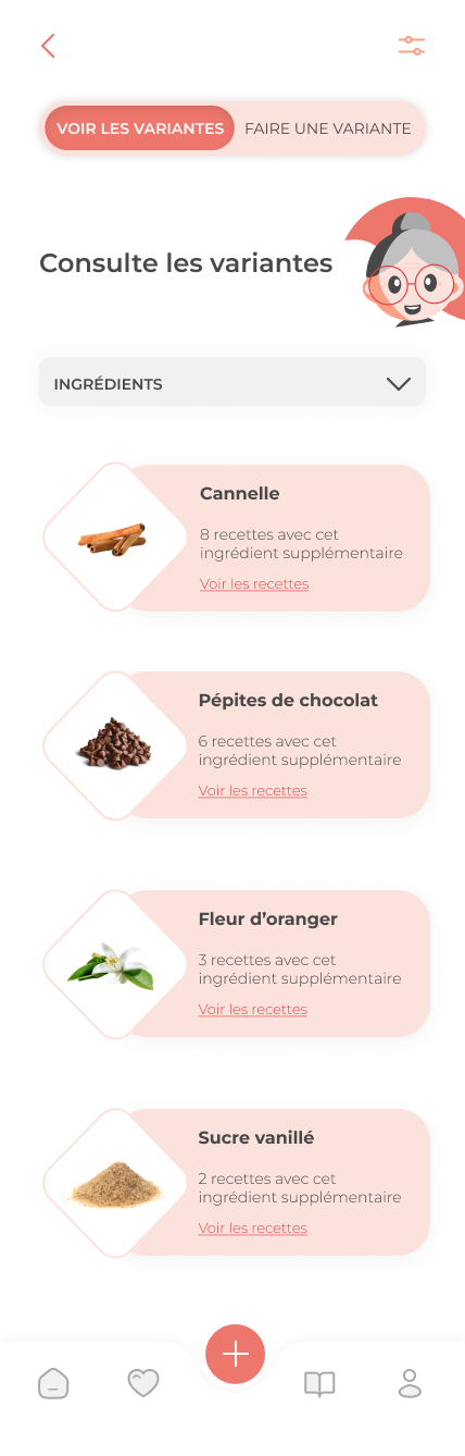 Page montrant les variantes possibles de cette recette